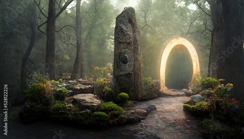 The obelisk stands in the center of the forest next to the portal. 3D illustration.