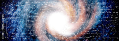 Illustration of basic physics and mathematics formulas and galaxy in universe. Banner design