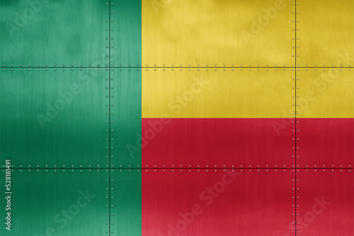 3D Flag of Benin on a metal wall background.
