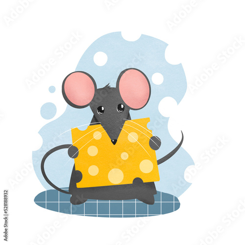 mouse illustration cute animal holding a piece of cheese isolated on white background. Mouse character holding happy on big cheese. For kid prints, textile, cards, logo. Welcome present concept