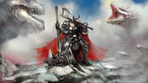 A viking berserker in heavy armor with an ax and a mace is standing on a mountain, behind him are two aggressive dragons. Digital drawing style, 2D illustration
