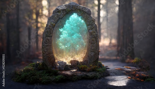 Mystery portal in old stone arch in misty autumn wood