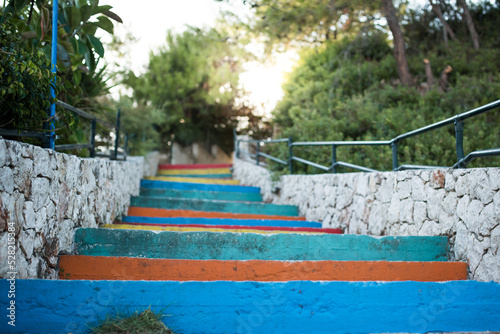 Colourful stairs to the beach in Skala, Kefalonia island, Greece. 