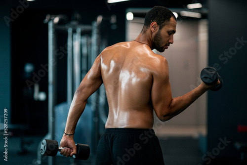 Shirtless Muscular African American Man Training With Dumbbells At Modern Gym Interior