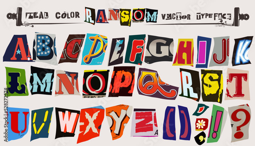Real colorful ransom style vector alphabet typeface clippings set for grunge font flyers and posters design or ransom notes.