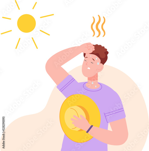 Man dehydration from heat. Exhausted cartoon person summer heated weather, sweating people on hot burn sunny, illness dizzy from sun sweaty guy in sunlight day, vector illustration
