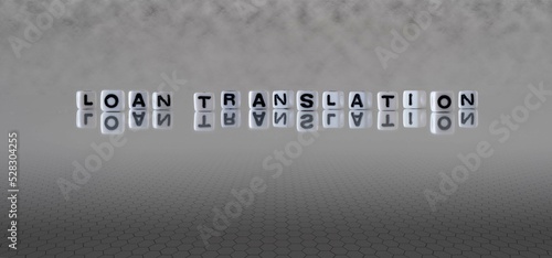 loan translation word or concept represented by black and white letter cubes on a grey horizon background stretching to infinity