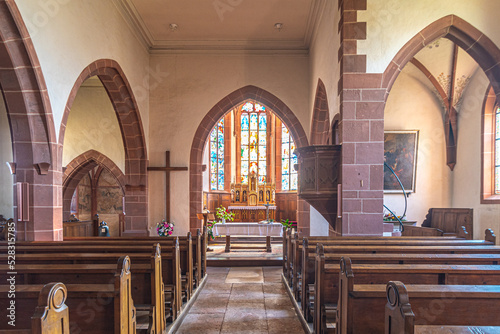 Interior of the medieval church of Saint-Jacques-le-Major in Hunawihr, village between the vineyards of Ribeauville, Riquewihr and Colmar in Alsace wine making region of France