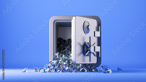 3d render, diamond brilliant gems falling out the open safe box, isolated on blue background. Savings protection concept. Banking storage