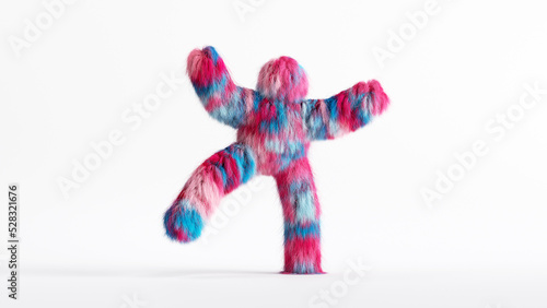 3d rendering, colorful furry beast cartoon character isolated on white background, happy active pose with hands up. Colorful pink blue hairy monster dancing. Person wears mascot costume