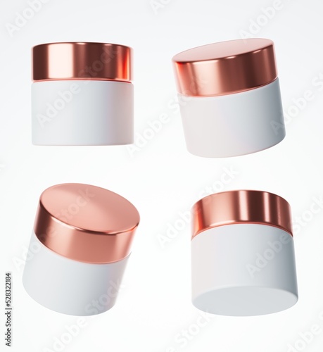 Four different views of matt white plastic cream jar with rose gold cap, 3D render cosmetic product packaging isolated on white background