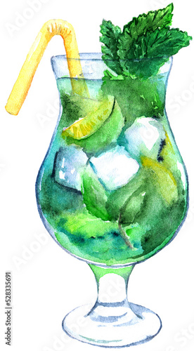 Watercolor mojito lime ice mint cocktail isolated art