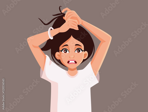 Woman Tying her Frizzy Hair in a Ponytail Vector Illustration. Stressed girl with messy hairdo having a bad hair day