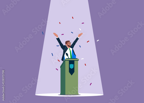 Businessman speaking in public on stage with podium, microphones, spotlight on. Confident, charisma and expression to win the audience. Vector illustration.