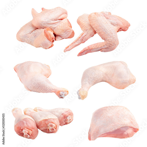 Isolated whole raw chicken parts collage png