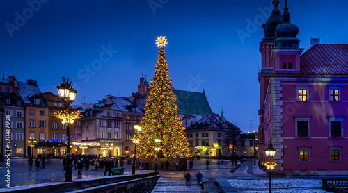 Beautiful illuminated Christmas Tree in the old town of Warsaw