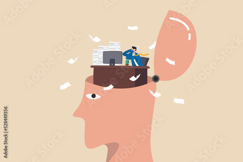 Work anxiety, stress or burnout, exhausted job or overload tired, job fatigue from overworked, depression and mental health concept, overwhelmed frustrated businessman working hard on his busy head.