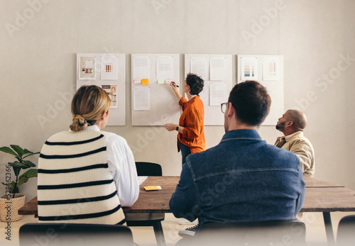 Manager giving a presentation to her team in an office