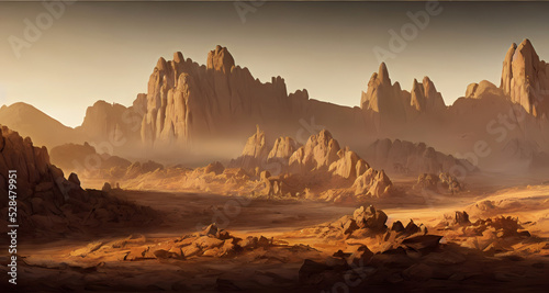 Surreal desert landscape background wallpaper. Digital art illustration. Concept art illustration.