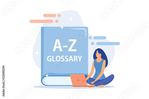 English language studying. Internet glossary, modern vocabulary, dictionary idea. Translator with laptop. Woman searching definition online.flat vector modern illustration