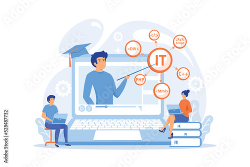 Teaching students online. Internet learning. Computer programming. Online IT courses, best online IT training, online certification courses concept. flat vector modern illustration