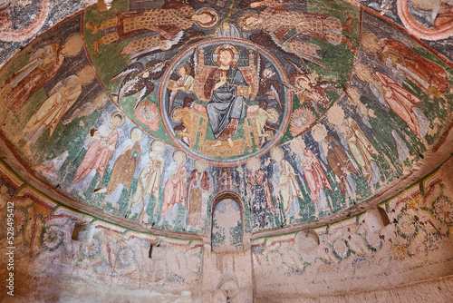Ancient fresco paintings in Three cross church. Goreme, Cappadocia, Turkey