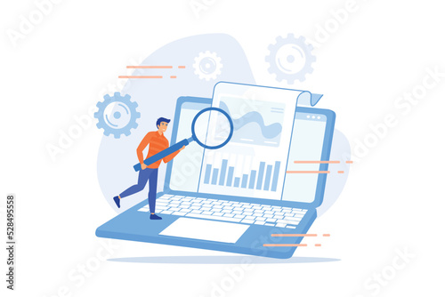 Company annual report analyzing. Business analysis, diagram analytics, statistics. Employee holding magnifying glass male cartoon character. flat vector modern illustration