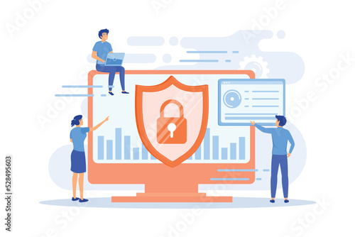 Security analysts protect internet-connected systems with shield. Cyber security, data protection, cyberattacks concept on white background. flat vector modern illustration
