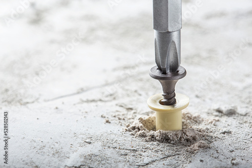 screwdriver screw and dowel in a concrete wall background