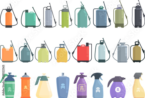 Pesticide sprayer icons set cartoon vector. Pressure garden. Lawn tank