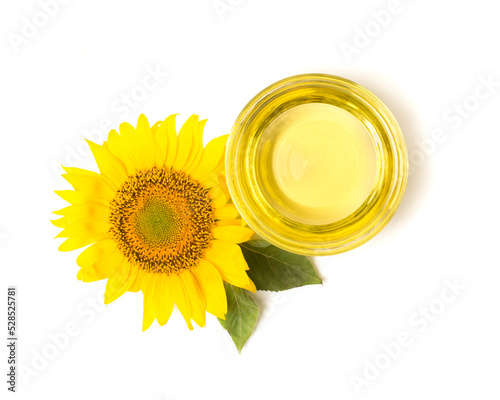 Sunflower oil and flower isolated on white, top view