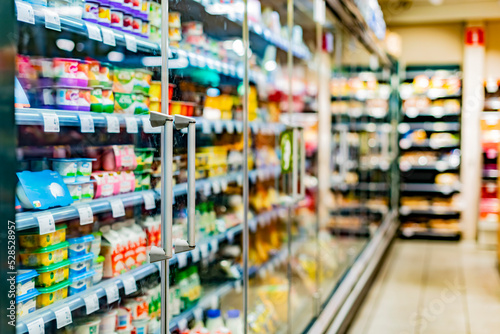 Food products displayed in a commercial refrigerator