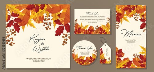 Wedding Invitation, menu card. Leaves design autumn foliage collection oak, maple, chestnut and ash. Vector elegant cute rustic greeting, invite postcard.