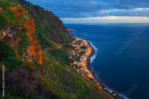 Aerial view of Paul do Mar on Madeira, Portugal at sunset