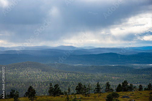 Misty mountains and forest in Lapland Finland