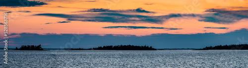 Sunset over several of the 30,000 islands that make up the Georgian Bay archipelago in Ontario, Canada.