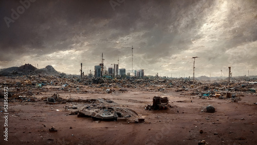 City Dump in Wasteland Sci-Fi Post Apocalyptic Panoramic Wallpaper. Big Landfill Outside the City in Desert Landscape Art Illustration. CG Digital Painting AI Neural Network Computer Generated Art