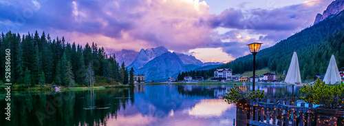 Amazing nature view of Misurina Lake and mountain range during a beautiful sunset. Location: Lake Misurina, Dolomites Alps, South Tyrol, Italy, Europe. Artistic picture. Beauty world. 