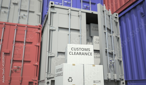 Cardboard boxes with Customs clearance text and cargo containers. Export or import related conceptual 3D rendering