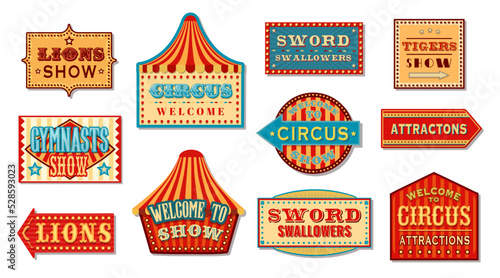 Circus signs and carnival signboards to show tickets booth, vector arrows. Funfair carnival direction banners and shapito fun fair attractions pointer signage or signboards with marquee and stars