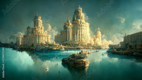 Illustration of Atlantis, ancient civilization, history and mythology, legend city sunken under the water