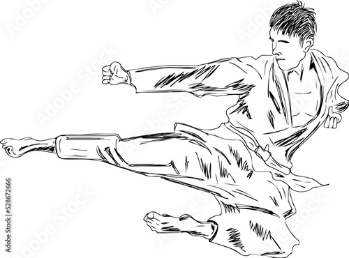 Jumping Martial arts player vector, Kung fu player cartoon doodle drawing, Outline Sketch drawing of karate fighter, Line art silhouette of marshal art fighter
