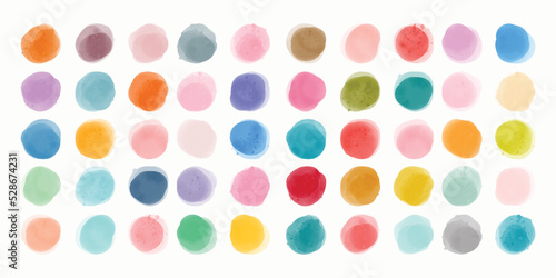 Set of colorful watercolor hand painted round shapes, stains, circles, blobs isolated on white. Elements for artistic design