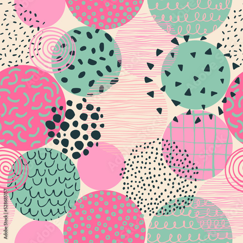 Abstract geometric seamless pattern with hand drawn doodle scribble circles, minimal texture.