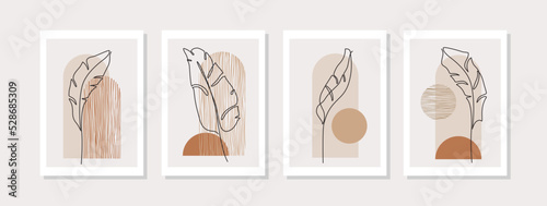 Abstract continuous tropical leaves, geometric shapes poster set in 1950 mid century style.
