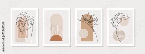 Abstract continuous tropical leaves, geometric shapes poster set in 1950 mid century style.