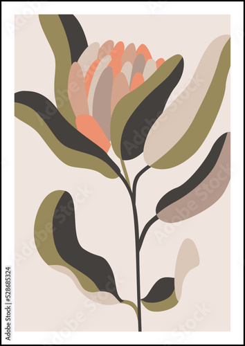 Protea flowers, leaves motif on collage background in modern style.