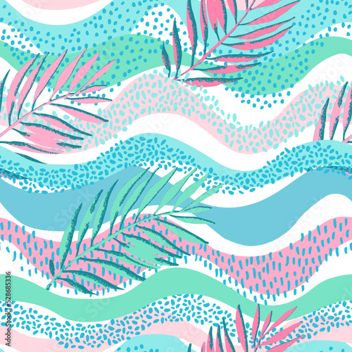Colorful grunge textured palm leaves on wavy seamless pattern