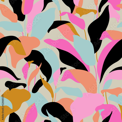 Elegant botanical leaves abstract seamless pattern. Tropical bush modern art.