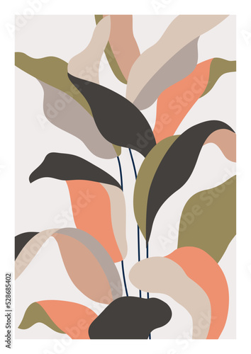 Elegant botanical leaves abstract wall poster. Tropical leaves bush modern art.